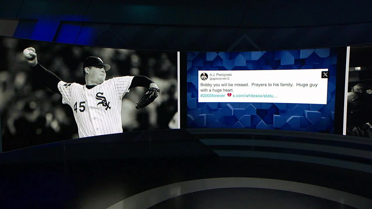 On the MLB Network set, a black and white image of a White Sox pitcher is displayed. Beside it, a social media post commemorates a player, with a hashtag and a link.
