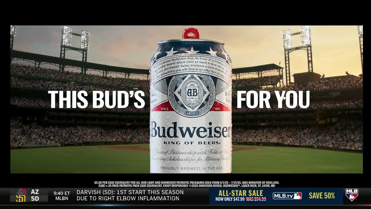A giant Budweiser can sits front and center, its condensation glistening against the backdrop of a packed baseball stadium. The MLB Network logo is visible at the bottom, alongside a promotion for an All-Star sale.
