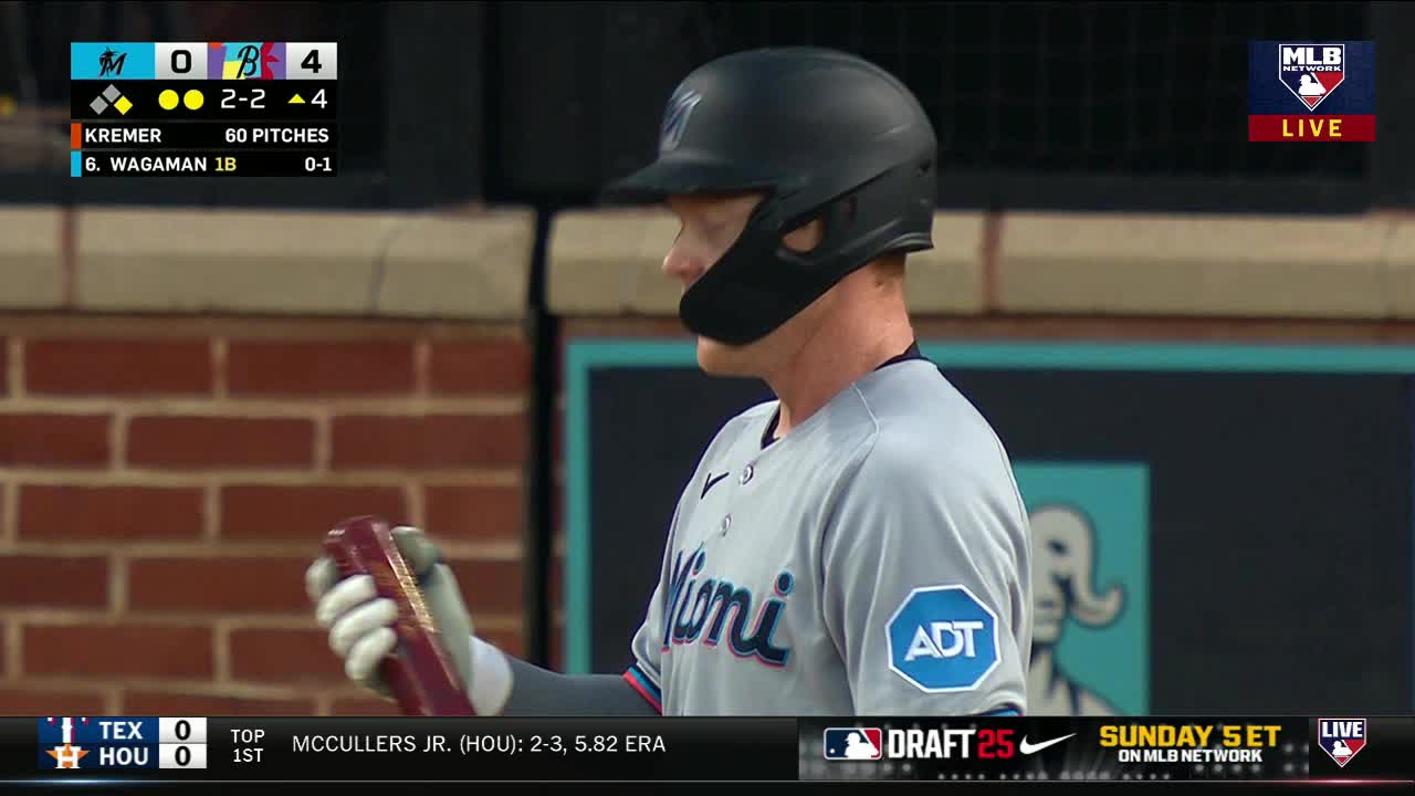 The Miami Marlins batter, helmet on, stands ready with his bat. The MLB Network graphic shows the score is 4-0, with the Marlins in the lead.
