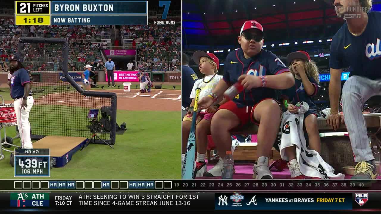 Byron Buxton stands ready at the plate, while a fan in the stands, wearing sunglasses and a jersey, holds a water bottle. A couple of kids sit next to him, one with a baseball bat.
