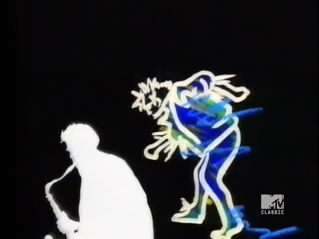 A white silhouette plays a saxophone, while a neon figure dances nearby. The MTV Classic logo sits in the corner, a reminder of where I am.
