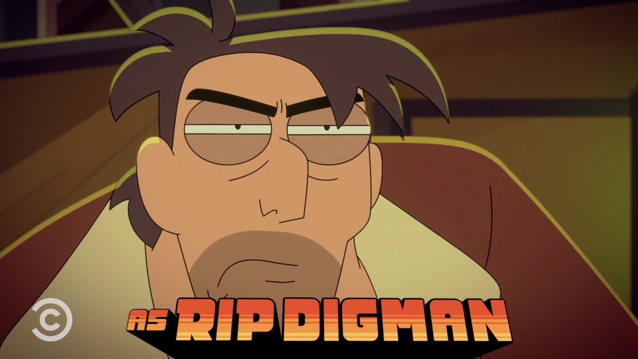The animated character, Rip Digman, glares with a skeptical expression, his brow furrowed. Below him, the show's title card, "AS RIP DIGMAN," is displayed in a retro font.
