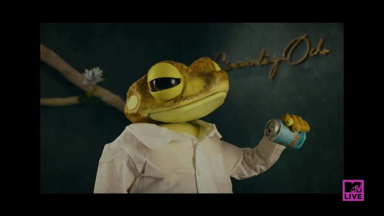 A frog puppet, wearing a button-down shirt, holds up a can of something. Behind it, the MTV Live logo is visible in the bottom right corner.

