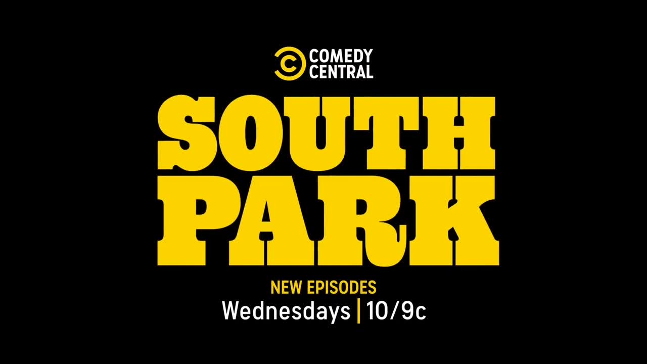 The Comedy Central logo sits above the words "SOUTH PARK" in bold, yellow letters. Underneath, it announces new episodes on Wednesdays at 10/9c.
