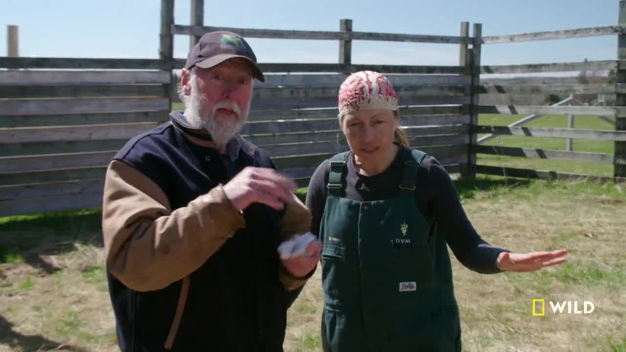 A man in a baseball cap gestures, holding something small in his hands. Beside him, a woman in overalls extends her arm, addressing the camera.
