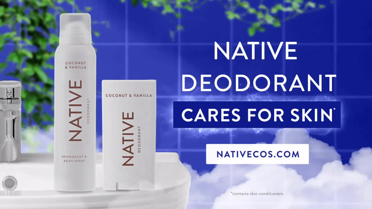 Three white deodorant products, labeled "Native," sit on a countertop. The background is a blue tiled wall with some greenery, and text promotes the product's skin-caring properties.
