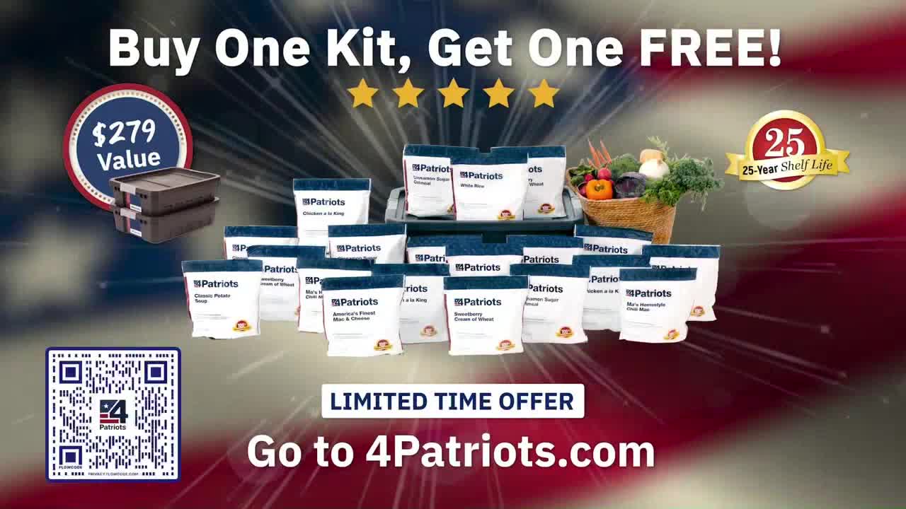 A patriotic-themed advertisement promotes a "Buy One, Get One FREE" offer on food kits. The image displays several bags of food, a basket of fresh produce, and a 25-year shelf life guarantee.
