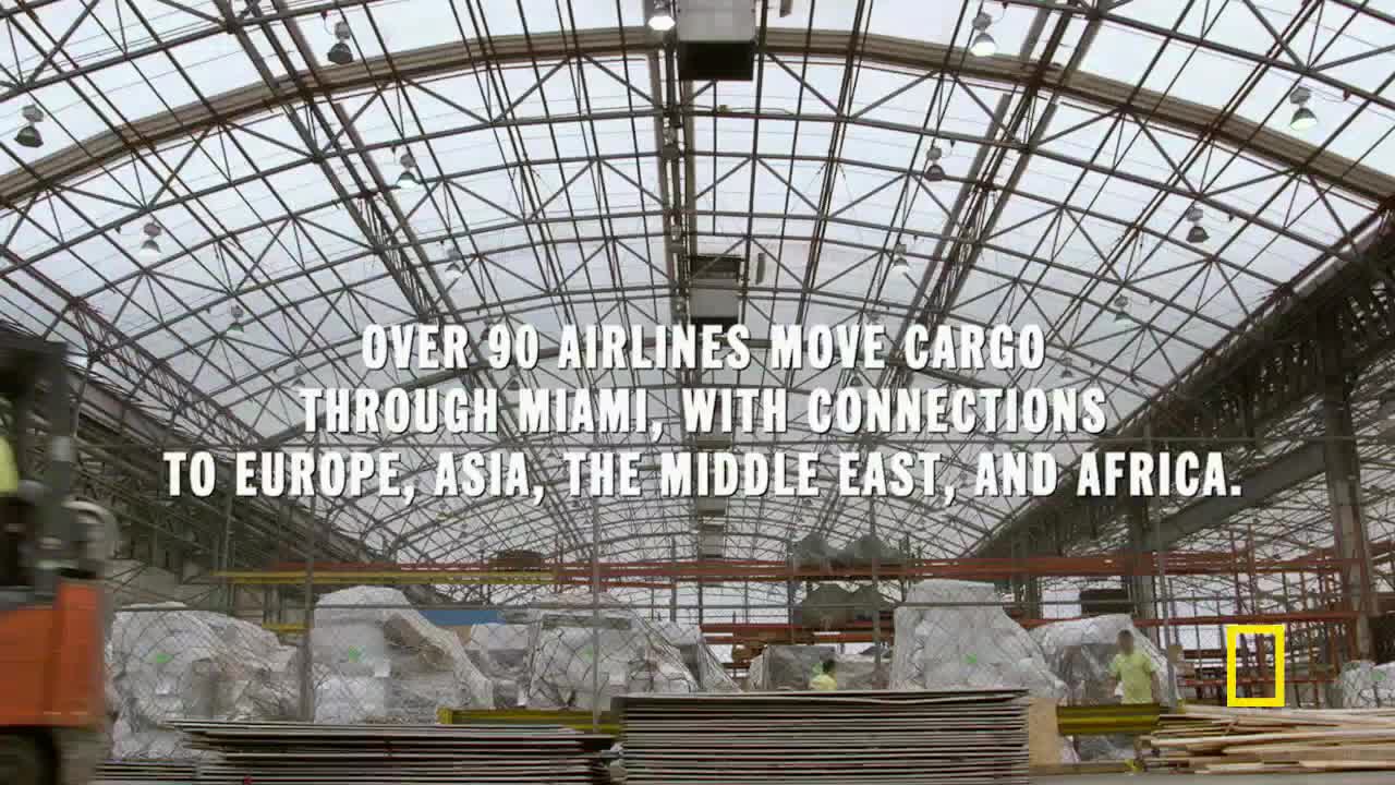 A forklift, its orange frame prominent, maneuvers through a massive warehouse, likely in Miami, as workers in yellow shirts oversee the cargo. The building's high, latticed ceiling suggests this is a major hub for international air freight.
