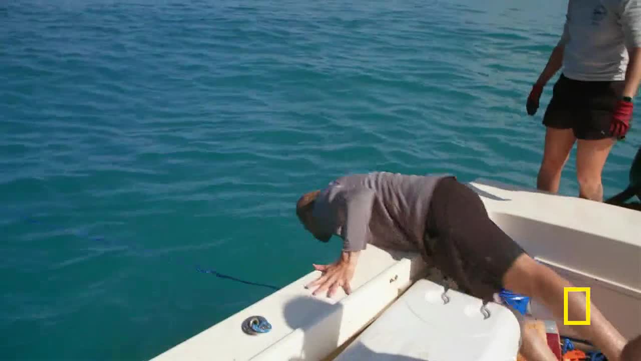 A man leans over the side of the boat, his hands braced on the white edge. Turquoise water laps around the vessel as another person stands nearby.
