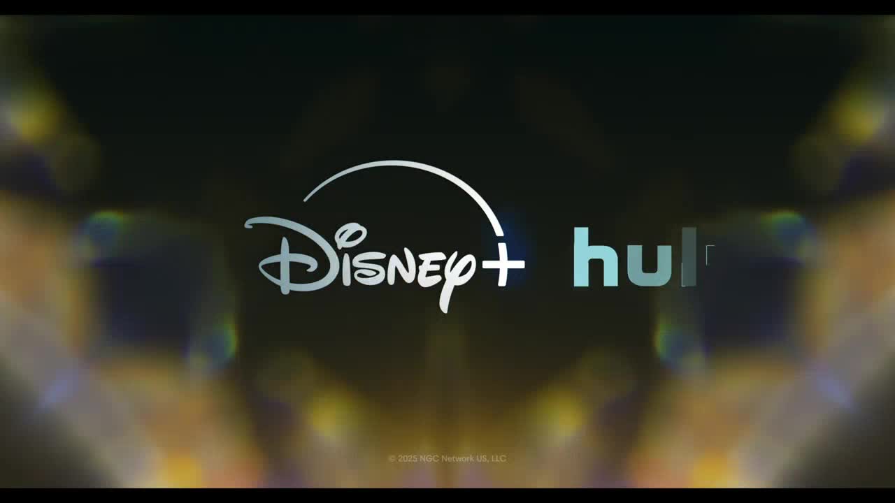 The Disney+ and Hulu logos, in white and blue respectively, appear against a dark background. Light flares around the edges, giving the scene a soft, blurred effect.
