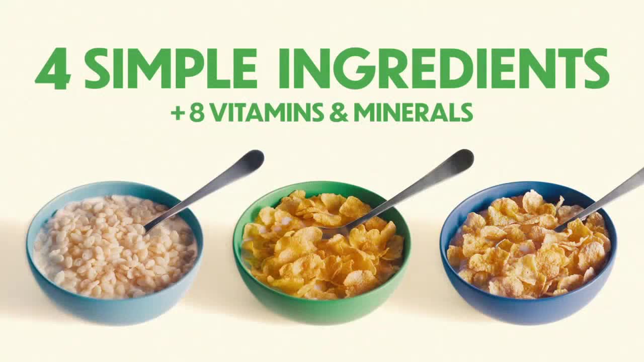 Three bowls of cereal, each with a spoon, are arranged in a row. The text above highlights "4 simple ingredients" and "8 vitamins & minerals."
