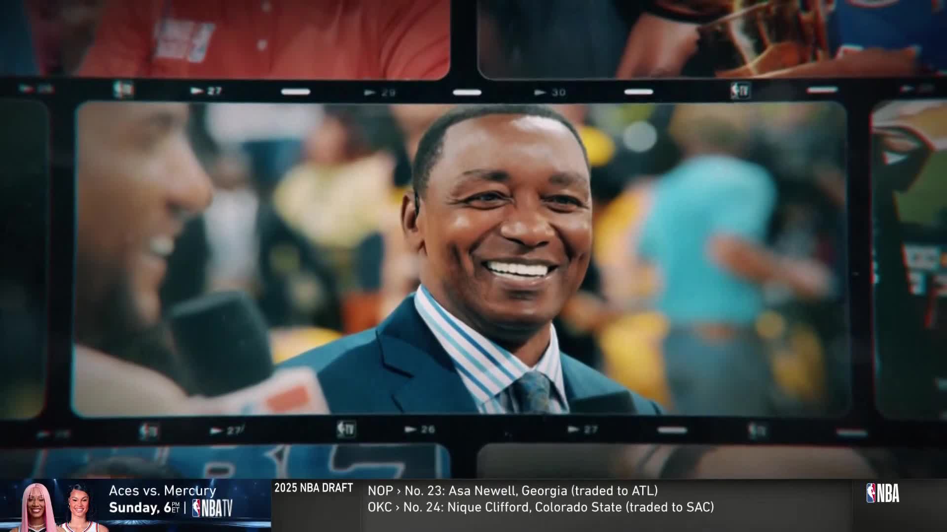 A man in a suit smiles widely, his face illuminated by the lights. The scene is framed with a film strip effect, and NBA TV's logo is visible in the corner.

