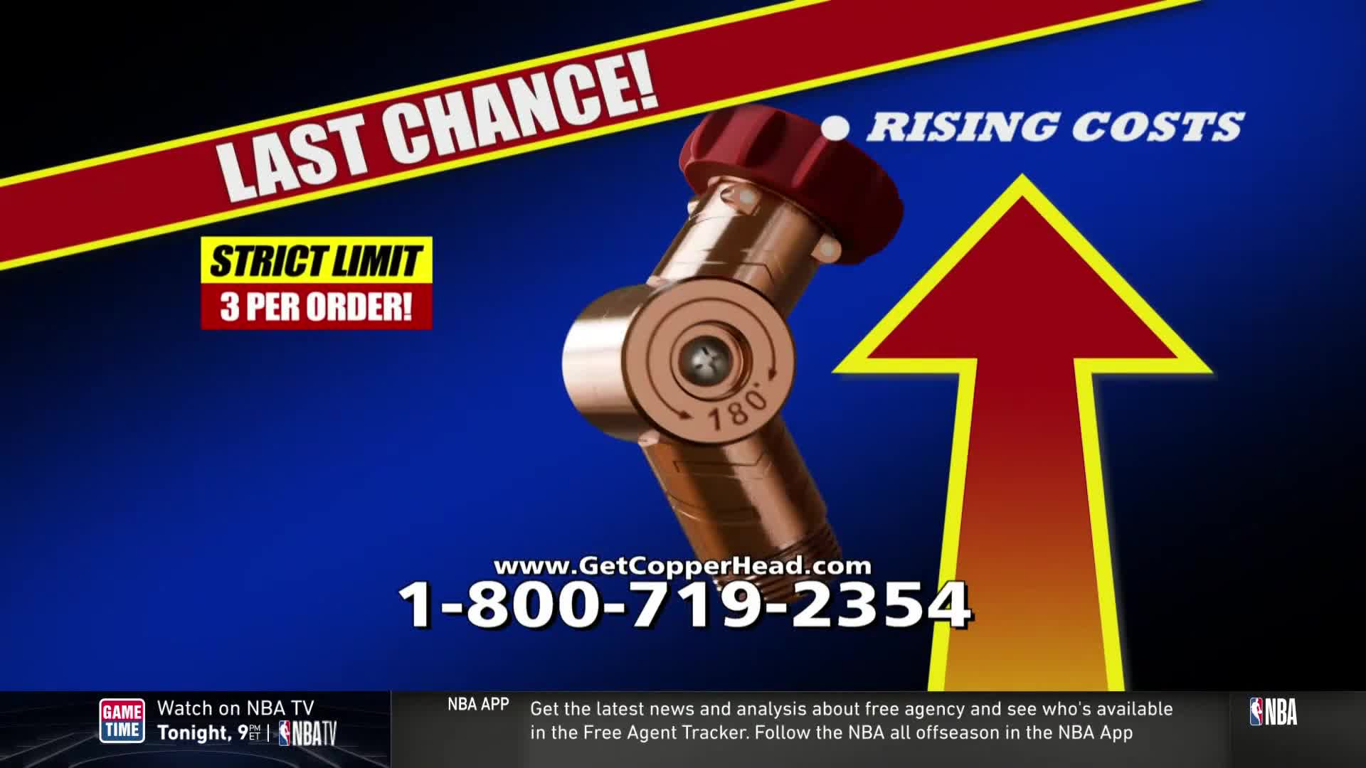 A copper-colored device with a red knob sits at the center of the screen, accompanied by a large, red arrow pointing upwards. The ad, playing on NBA TV, warns of "Rising Costs" and offers a "Last Chance" deal with a strict limit of three per order.
