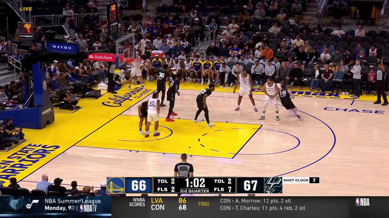 The player in black is driving toward the basket, while another in white is moving to defend. The shot clock ticks down as the third quarter of the NBA game continues.
