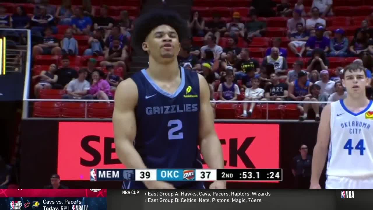 The Grizzlies player, number 2, stands with his arms at his sides, looking towards the basket. The scoreboard on NBA TV shows the score and the clock ticking down in the second quarter.
