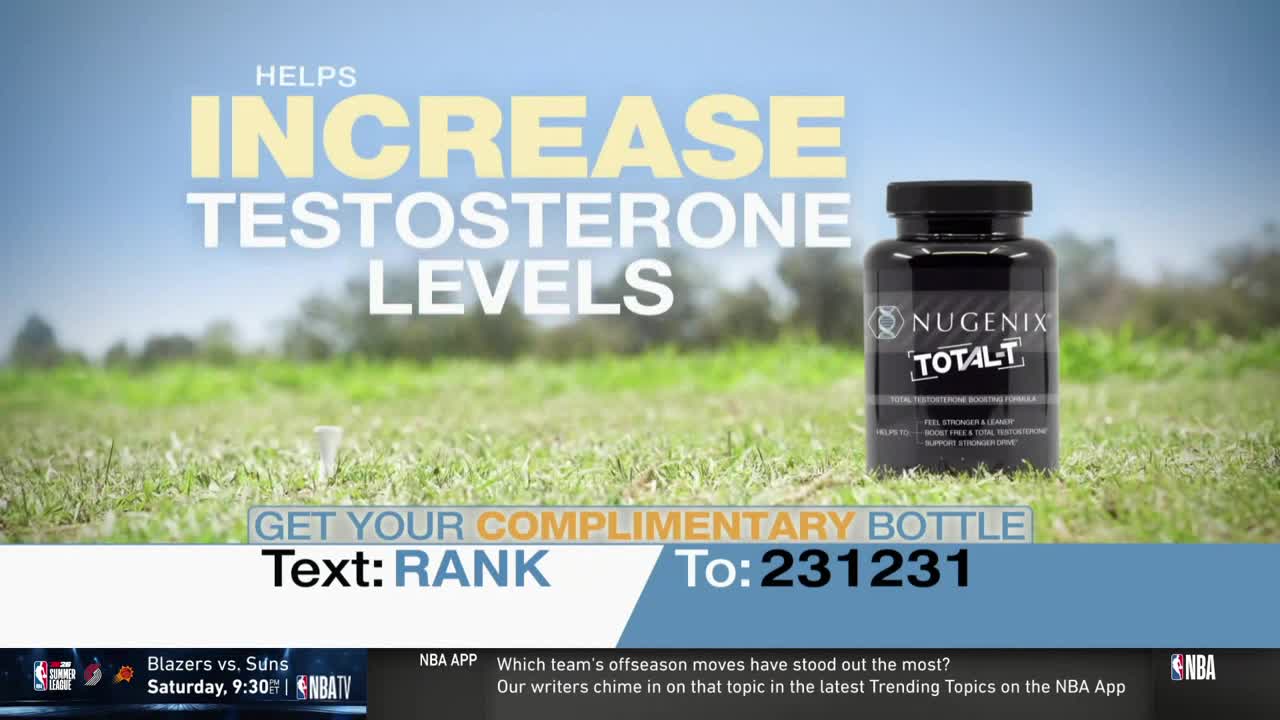 A bottle of Nugenix Total-T sits on a grassy field, with text encouraging viewers to text a code to get a complimentary bottle. The NBA TV logo and a game schedule are visible in the lower corner.
