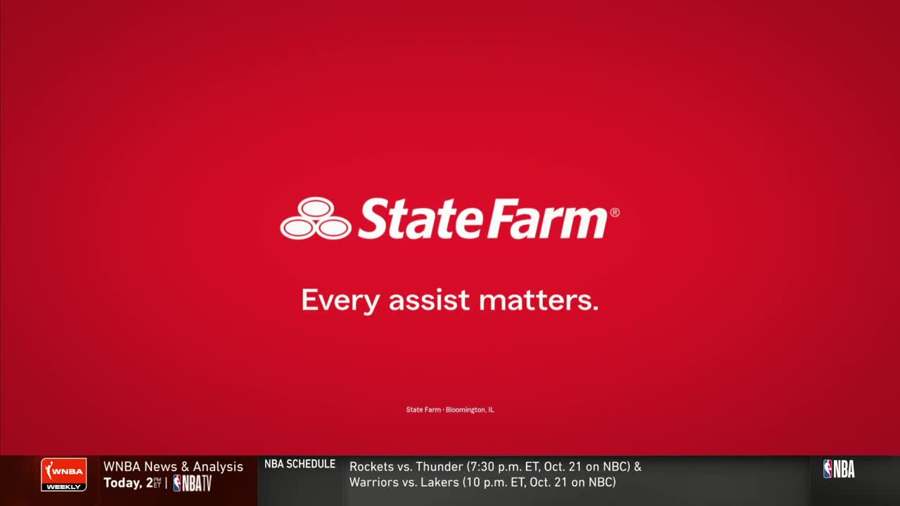 A State Farm ad is displayed on NBA TV, with the company's logo and the tagline "Every assist matters" against a red background. The bottom of the screen shows the NBA schedule and WNBA news.
