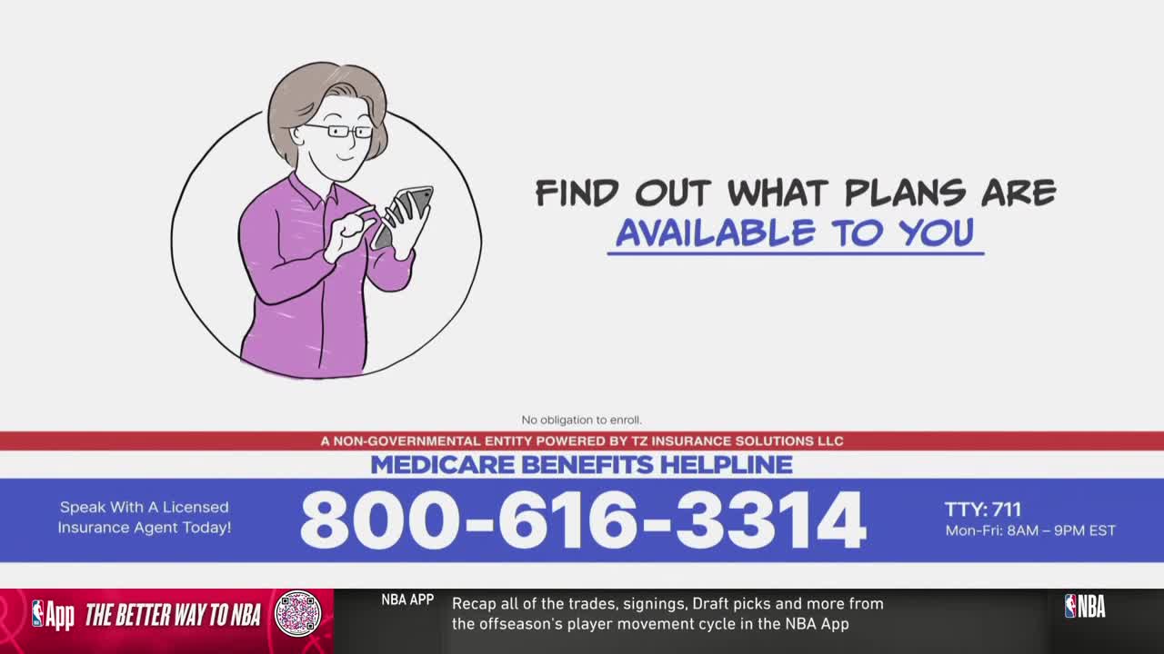 A cartoon woman in a pink shirt is looking at her phone. Below, a Medicare benefits helpline number is displayed on the screen of NBA TV.

