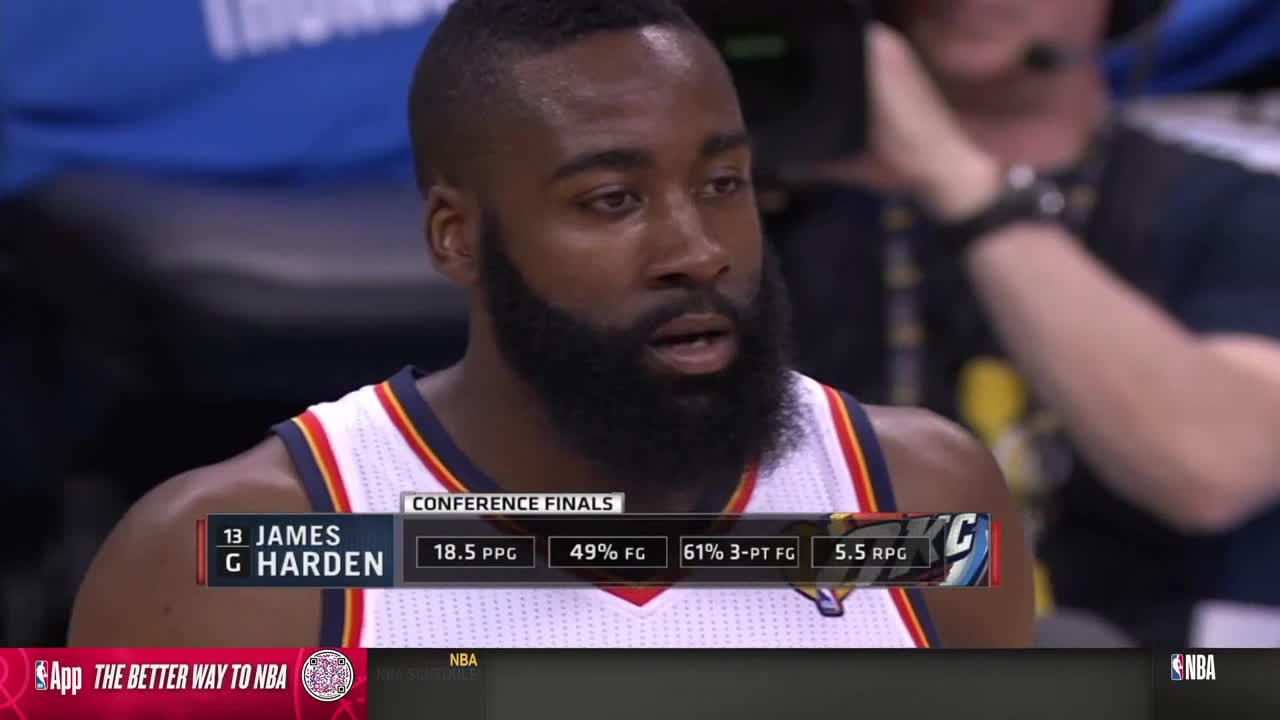James Harden stares intently, his mouth slightly open. The NBA TV graphic displays his stats from the Conference Finals.
