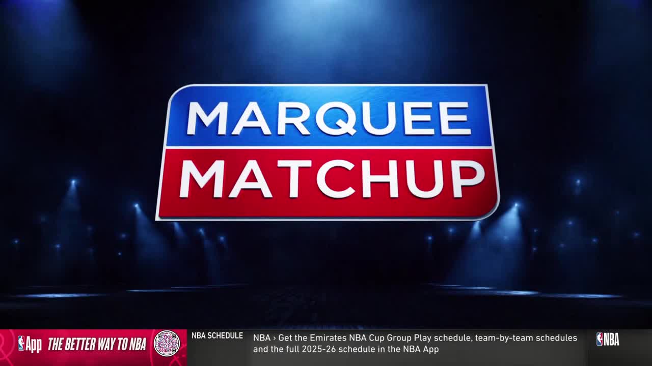 A blue and red banner, reading "MARQUEE MATCHUP," is centered on the screen. The NBA logo and app information are displayed at the bottom.
