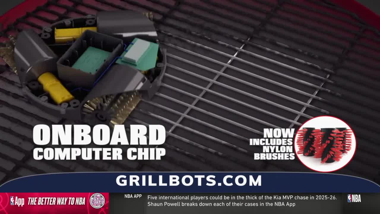 A robotic grill cleaner, with its internal components exposed, is shown on a dark surface. The NBA TV graphic promotes the product, highlighting its nylon brushes.
