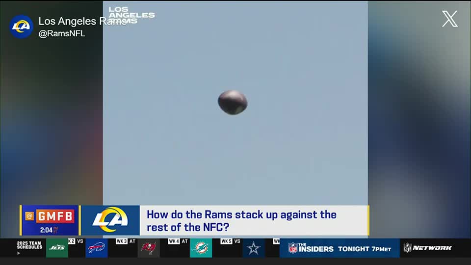 An NFL football hangs suspended in the sky, a dark oval against the pale blue. The NFL Network graphic poses a question about the Los Angeles Rams.
