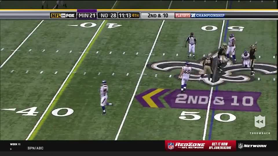 The Saints are huddled near their logo, while the Vikings' player in the white jersey jogs toward the 40-yard line. It's the fourth quarter, and the score is tight, as the NFL on FOX broadcast shows.
