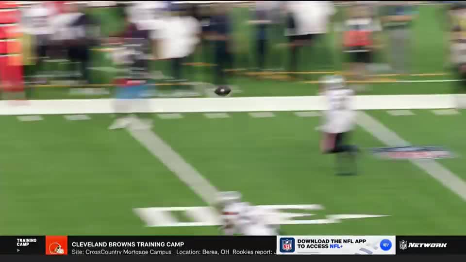The football is mid-air, arcing toward the right side of the field. A player in white sprints to catch it, his back to the camera.
