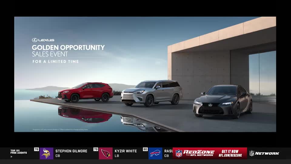 On NFL Network, a Lexus ad shows three cars parked near a modern building. The "Golden Opportunity Sales Event" graphic is displayed above the vehicles.
