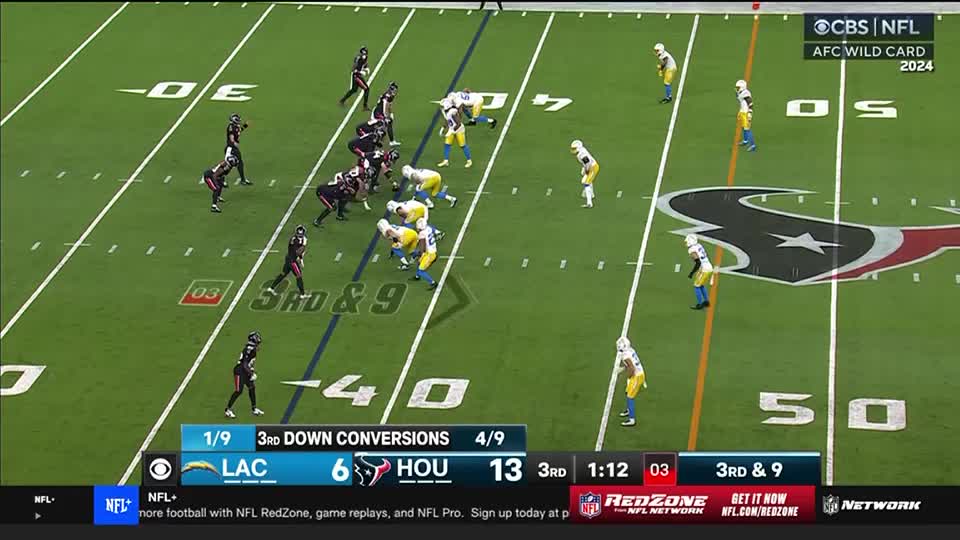 The Chargers are lined up on offense, facing a third down. The Texans' defense is ready, with several players creeping up to the line of scrimmage.
