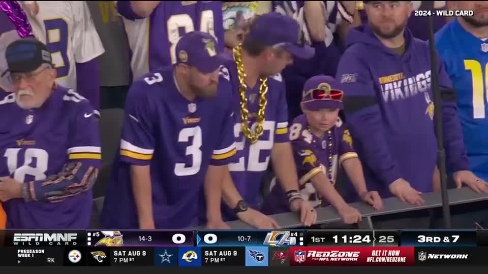 A group of Minnesota Vikings fans, decked out in purple and gold, are watching the game. A young boy, wearing a jersey and sunglasses, leans on the railing, seemingly focused on the field.
