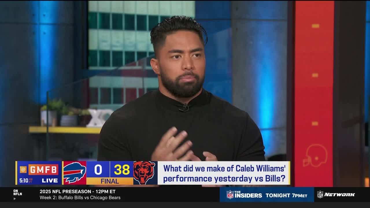 A man in a black shirt gestures with his hands while speaking on NFL Network's "Good Morning Football." The screen displays the final score of a Bills-Bears game, with the Bears leading.
