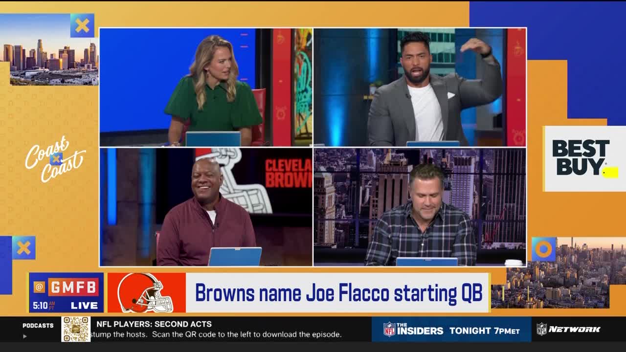 Four people are on a split screen, discussing something; one man gestures with his right hand. The bottom banner announces the Browns' quarterback decision on NFL Network.
