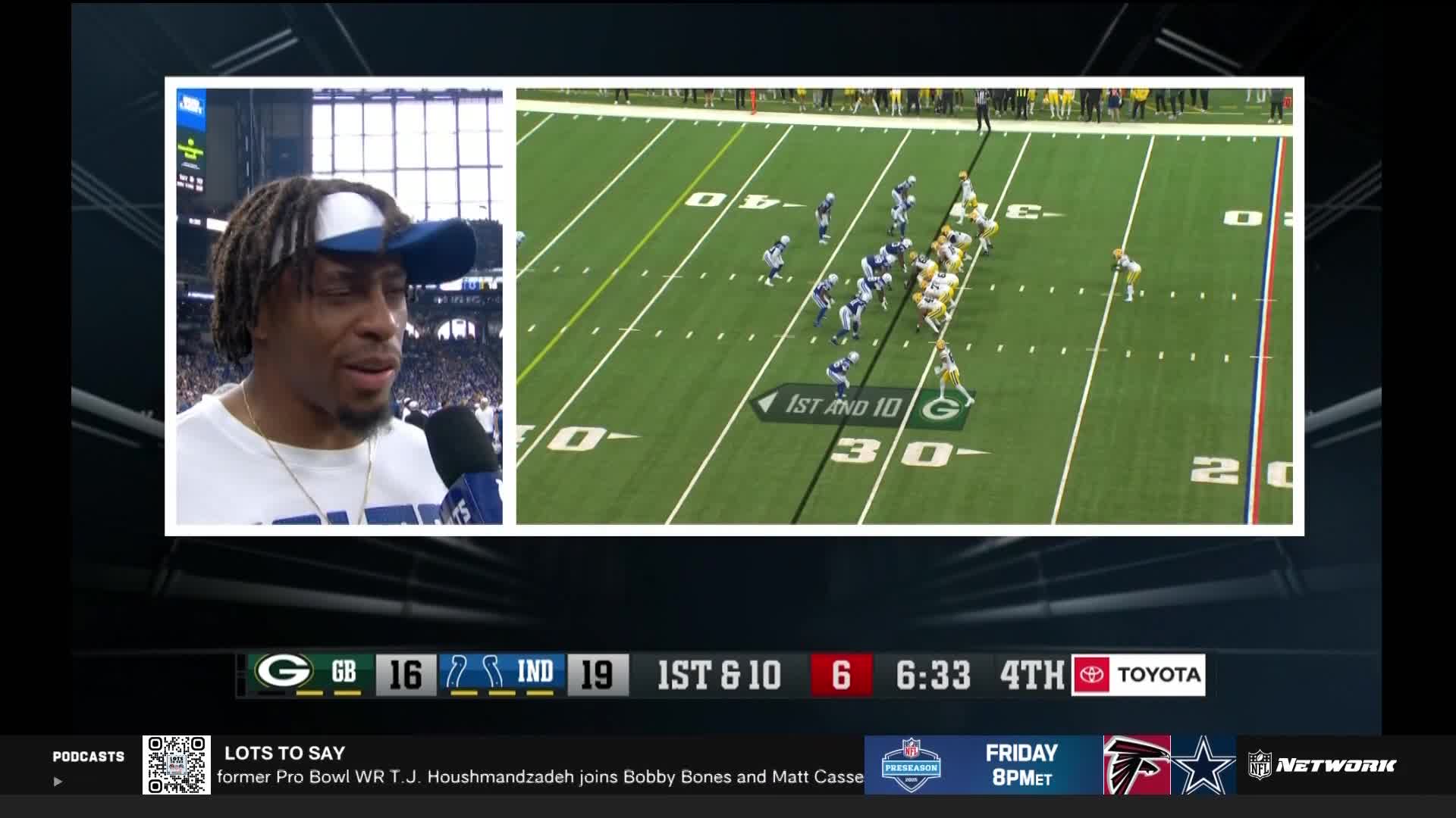 A man in a blue cap and white shirt is being interviewed on the NFL Network. On the screen, the Packers and Colts are lined up for a play, with the Colts on offense.

