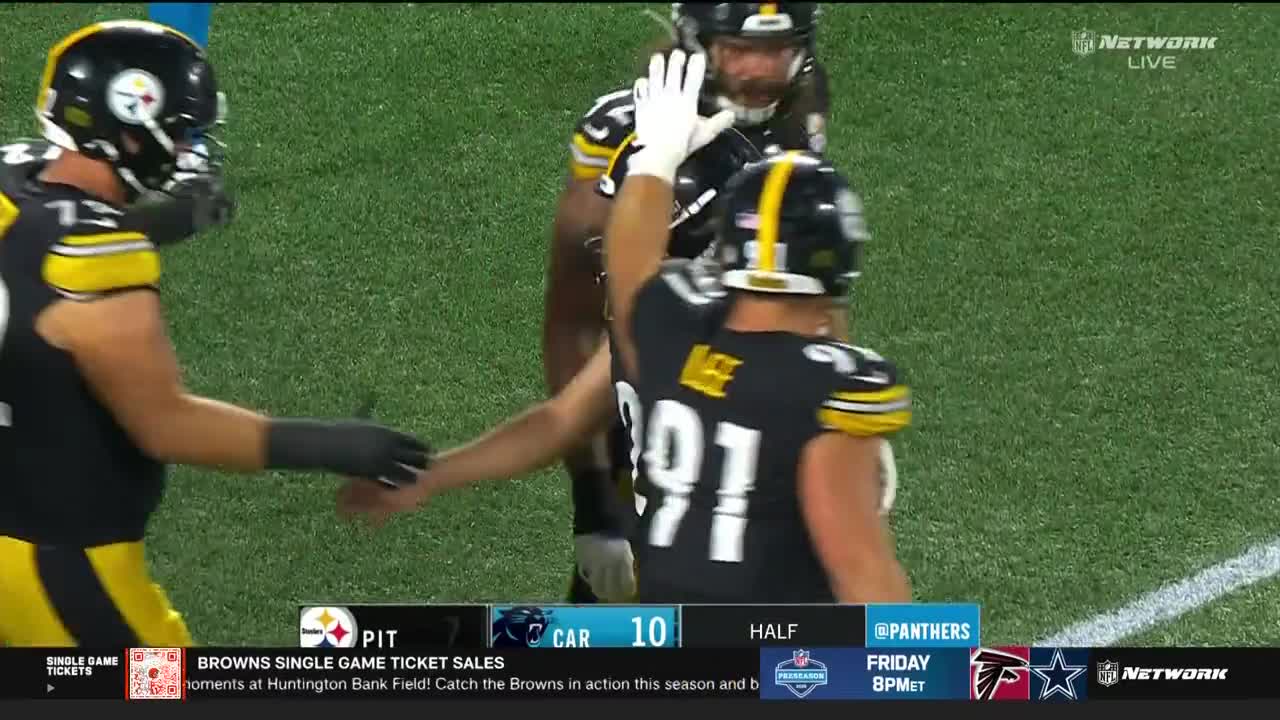 On the field, a player in a Steelers uniform raises his hand for a high-five, while another extends his arm for a handshake. The NFL Network logo is visible in the top right corner.
