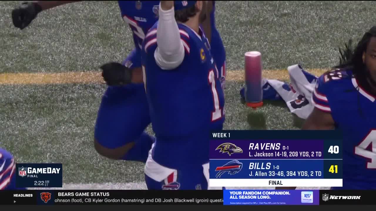 A Bills player, wearing number 1, has his arms raised in celebration. The scoreboard on NFL Network shows the Bills have won, 41-40, against the Ravens.
