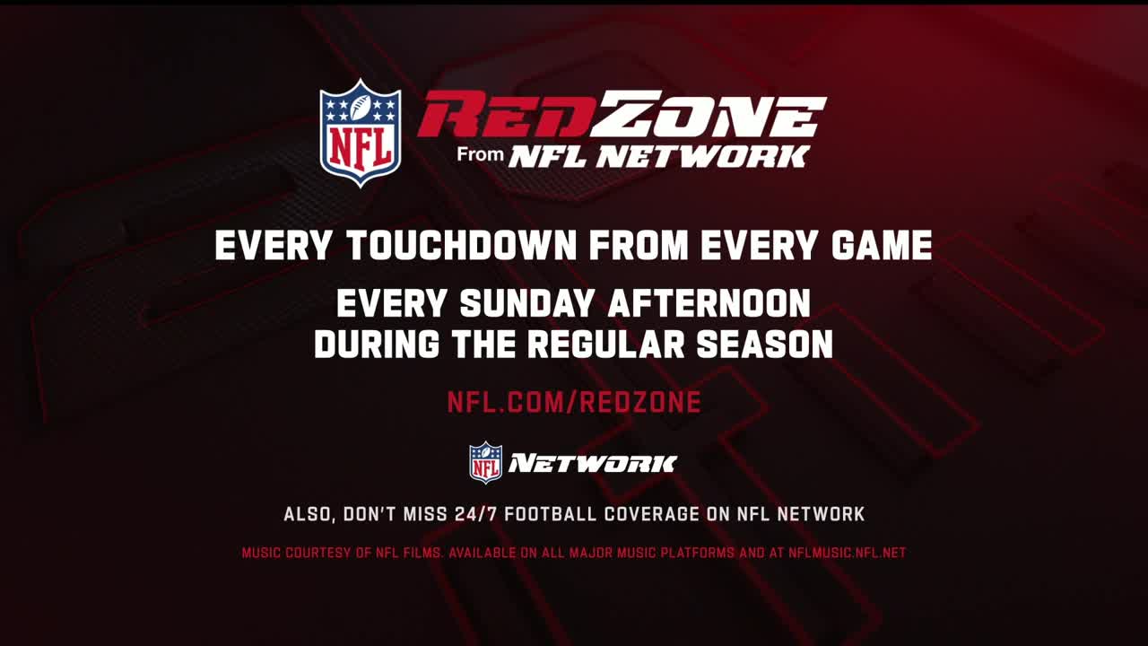The NFL RedZone logo, in red and white, sits at the top. Below, white text promises every touchdown from every game, every Sunday afternoon.
