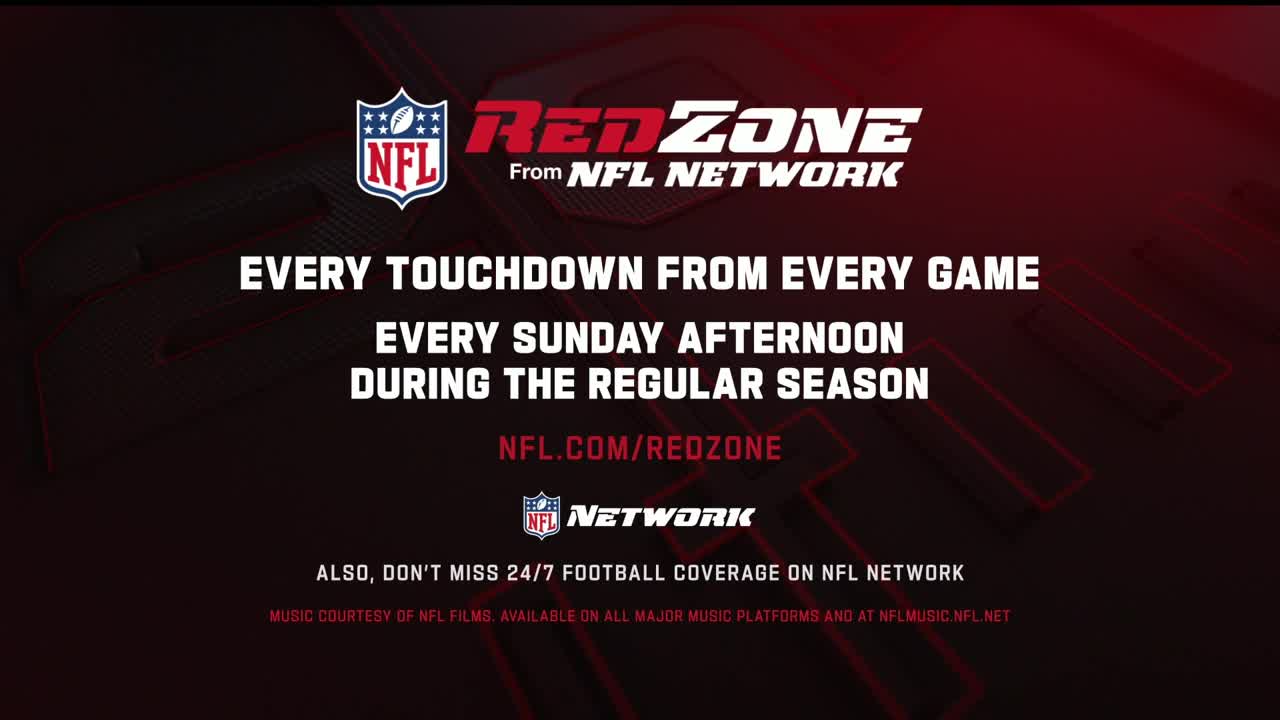 The NFL RedZone logo and text are displayed against a dark red background. The words promise every touchdown every Sunday during the regular season.

