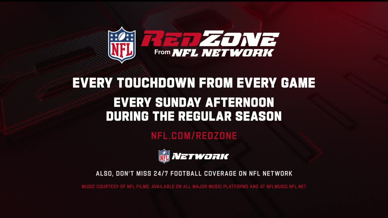 The NFL RedZone logo and a list of its features are displayed against a dark red background. White text promises every touchdown from every game on Sunday afternoons during the regular season.

