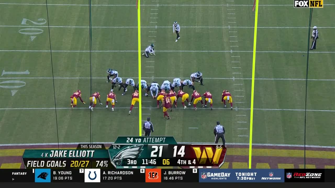 The Eagles are lined up for a field goal attempt, with the kickers and holders ready. The defense is set, waiting to try and block the 24-yard attempt.
