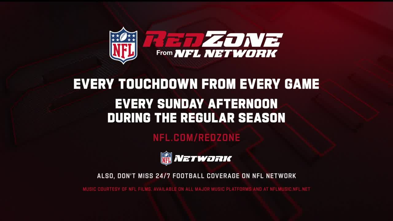 The NFL RedZone logo and text are displayed against a dark, textured background. The words promise every touchdown from every game, every Sunday afternoon.
