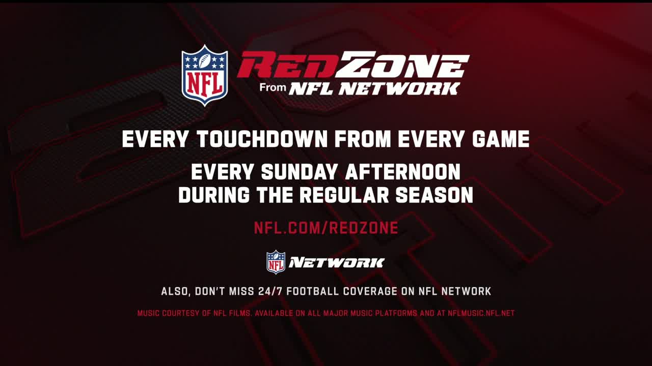 The NFL RedZone logo and text are displayed on a dark red background. The words promise every touchdown from every game on Sunday afternoons.
