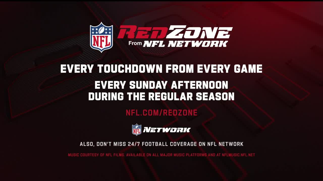 The NFL logo and "RedZone" branding stand out against a dark red background. White text promises touchdowns every Sunday afternoon during the regular season.
