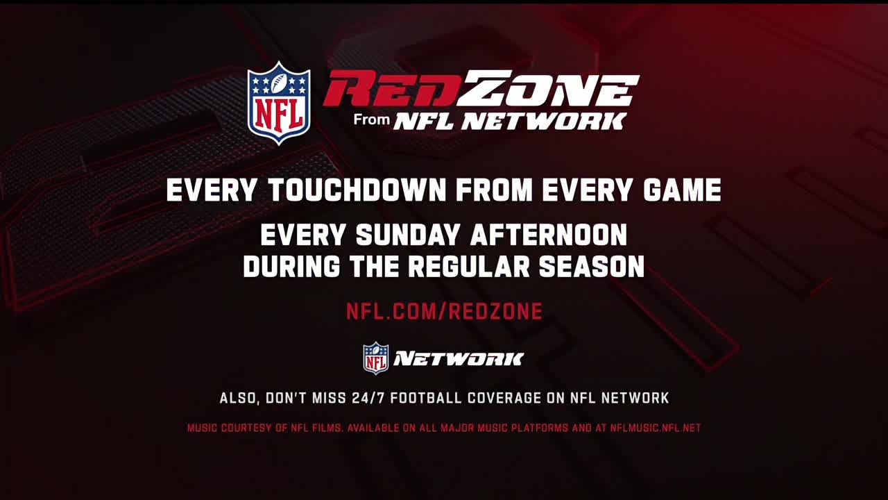 The NFL RedZone logo is centered at the top, with text promising touchdowns every Sunday. Below, the NFL Network logo and additional details are displayed against a dark, textured background.
