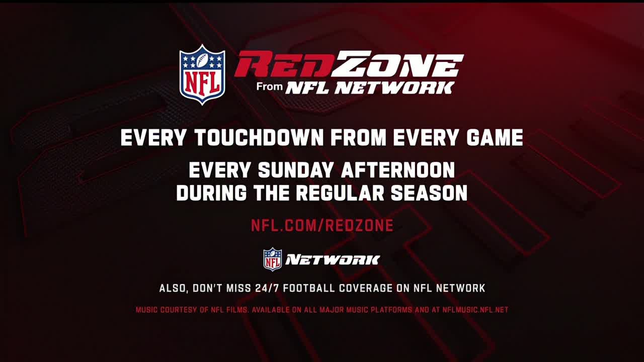 The NFL RedZone logo and tagline are displayed against a dark red background. Text promises every touchdown from every game on Sunday afternoons during the regular season.
