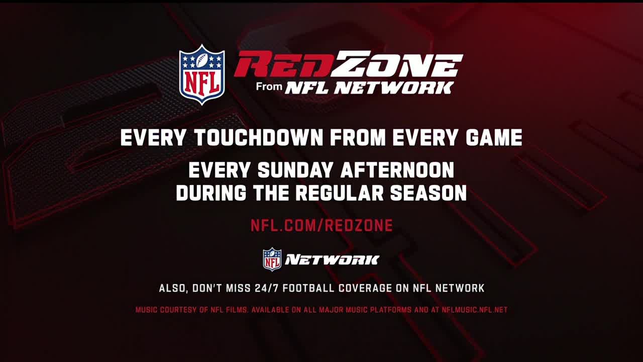 The NFL RedZone logo sits above text promising every touchdown from every game. The words are set against a dark background with a textured, grid-like pattern.
