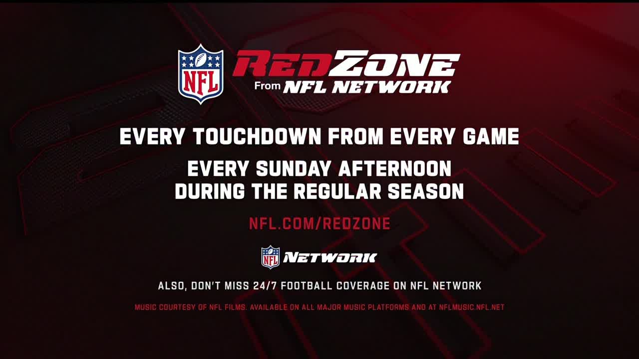 The NFL RedZone logo and tagline are centered against a dark red background. White text promises every touchdown every Sunday afternoon during the regular season.
