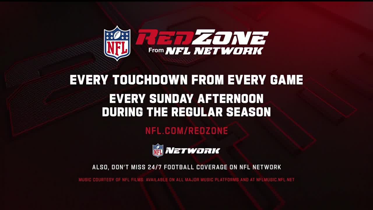 The NFL RedZone logo and text are displayed against a dark, textured background. The ad promises every touchdown from every game on Sunday afternoons during the regular season.
