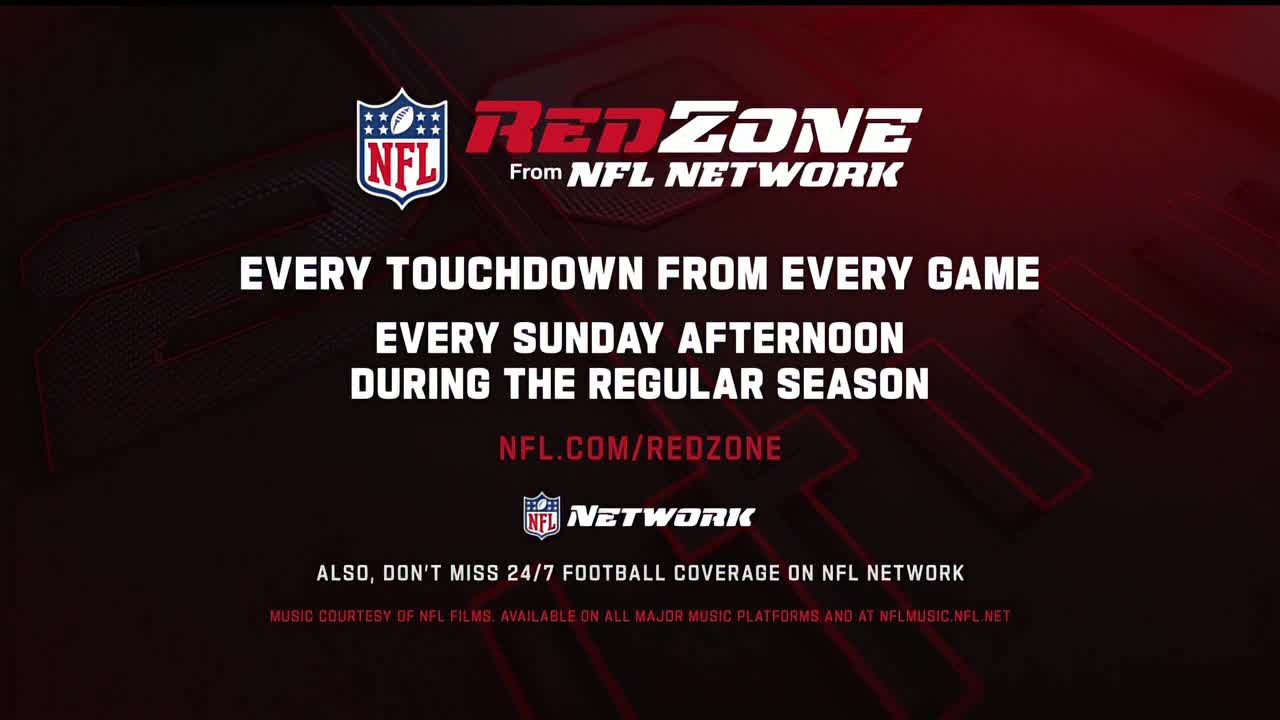 The NFL RedZone logo and text are centered on a dark red background. The words promise every touchdown from every game every Sunday afternoon during the regular season.
