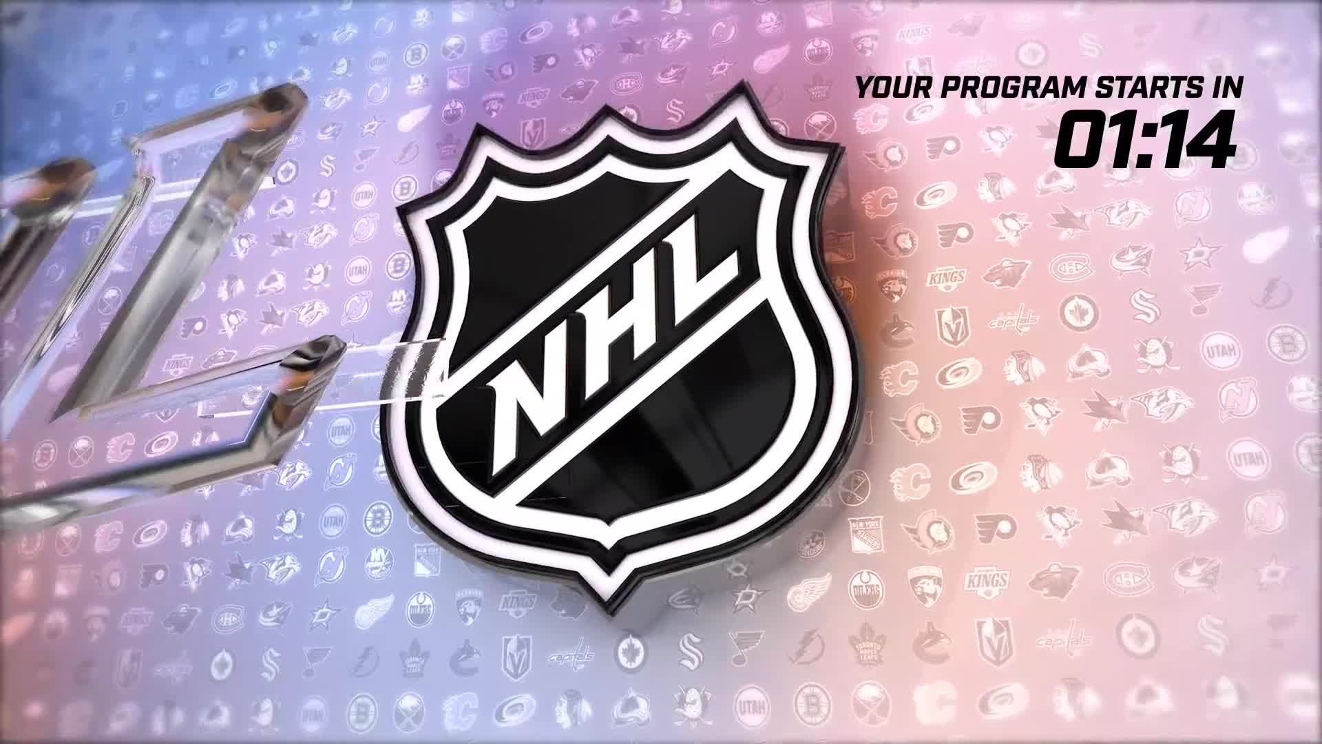 The NHL logo, a black and white shield, is centered against a background of team emblems. A timer in the upper right counts down the seconds until the program begins on NHL Network.
